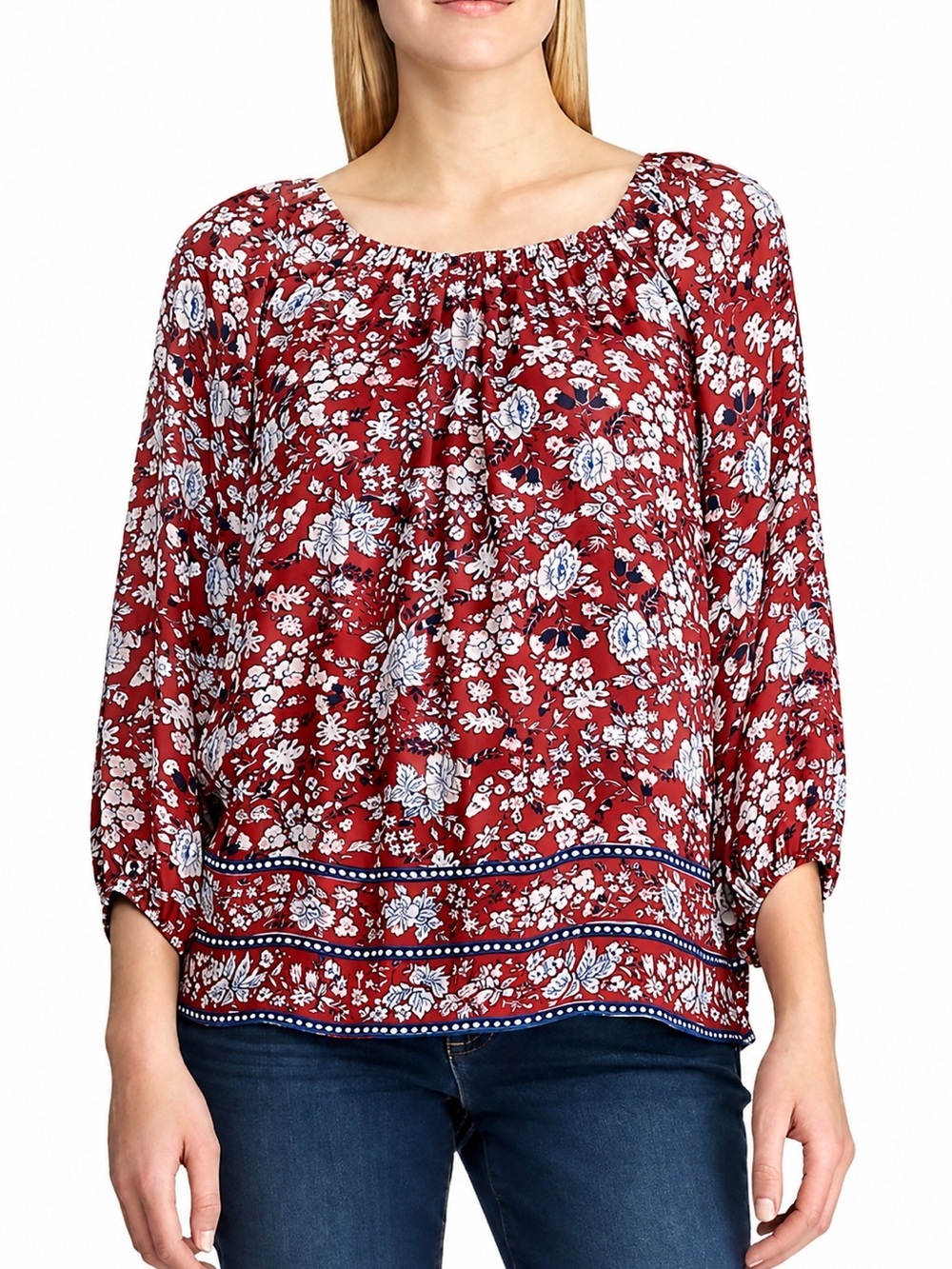 Chaps Ralph Lauren L Red Floral Boho Balloon Sleeve Peasant Tunic Blouse